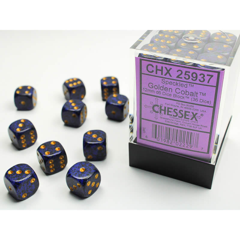 CHX25937 Golden Cobalt Speckled D6 Dice Gold Pips 12mm Pack of 36 Main Image