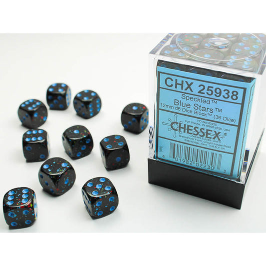 CHX25938 Blue Stars Speckled D6 Dice Blue Pips 12mm (1/2in) Pack of 36 Main Image