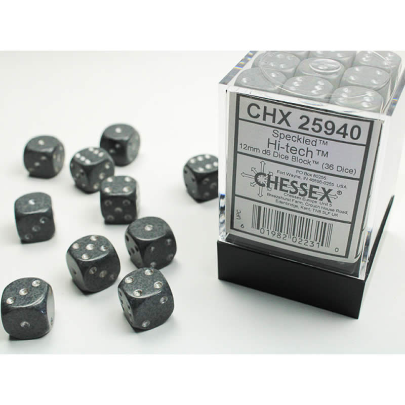 CHX25940 Hi Tech Speckled D6 Dice Silver Pips 12mm (1/2in) Pack of 36 Main Image