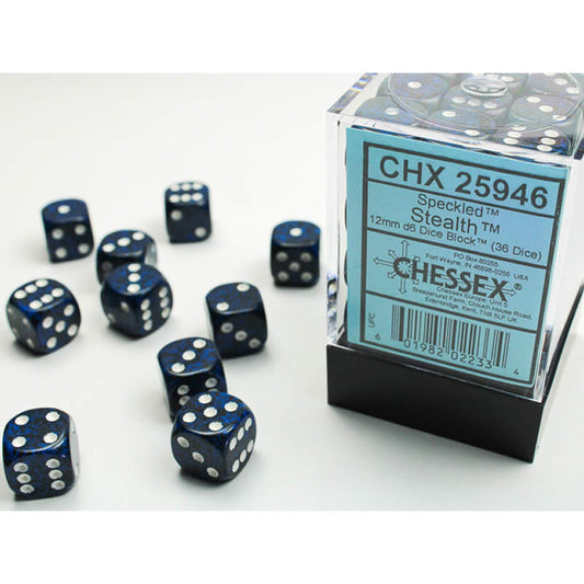 CHX25946 Stealth Speckled D6 Dice with White Pips 12mm (1/2in) Pack of 36 Main Image