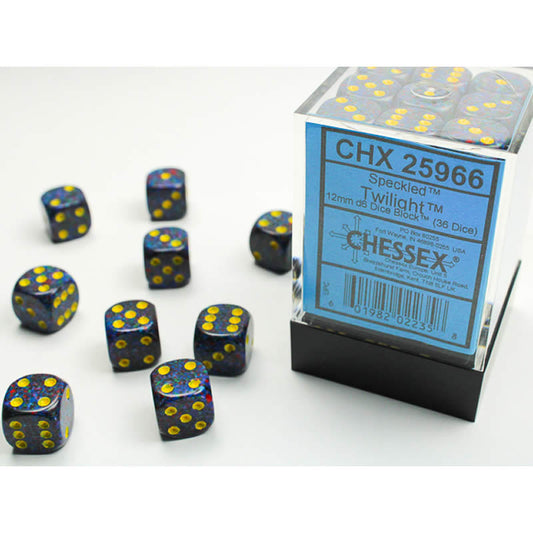 CHX25966 Twilight Speckled D6 Dice Yellow Pips 12mm (1/2in) Pack of 36 Main Image
