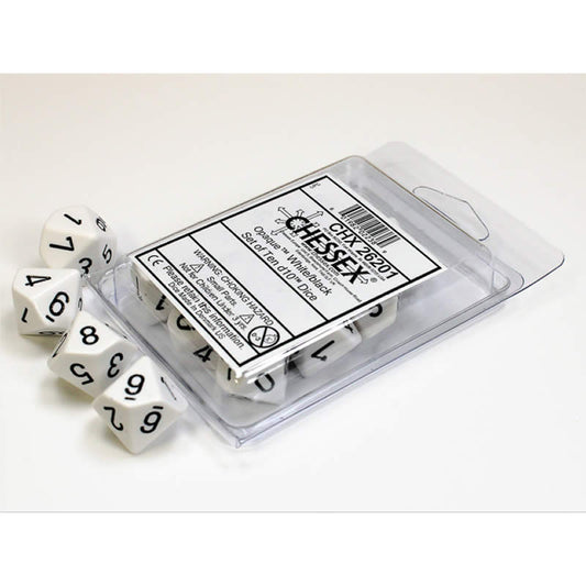CHX26201 White Opaque Dice Black Numbers D10 16mm (5/8in) Pack of 10 Main Image