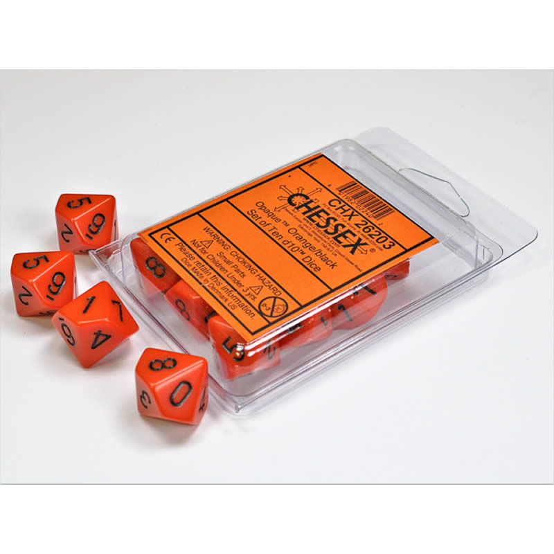 CHX26203 Orange Opaque Dice Black Numbers D10 16mm Pack of 10 Main Image