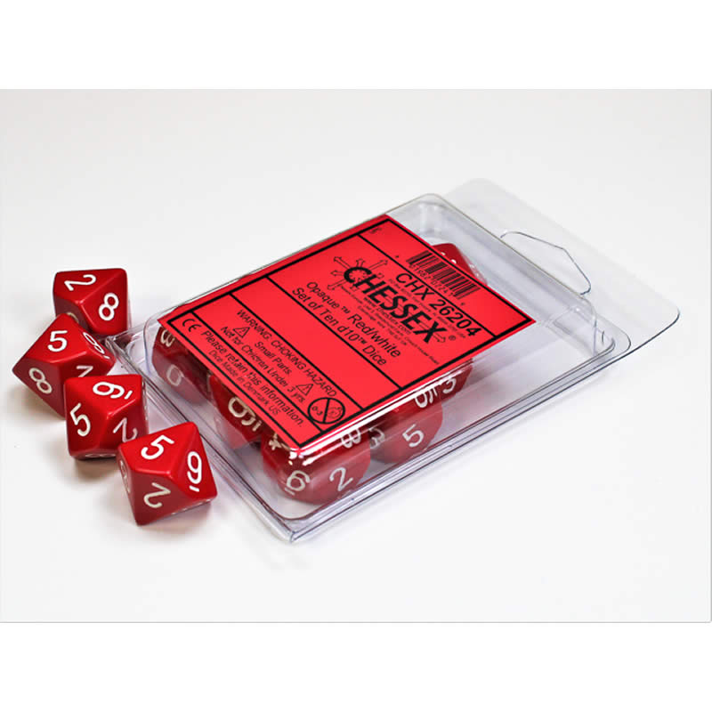 CHX26204 Red Opaque Dice White Numbers D10 16mm (5/8in) Pack of 10 Main Image