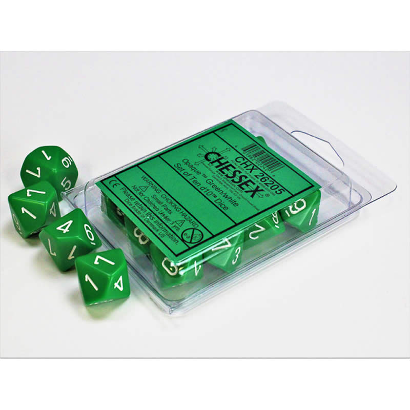 CHX26205 Green Opaque Dice White Numbers D10 16mm (5/8in) Pack of 10 Main Image