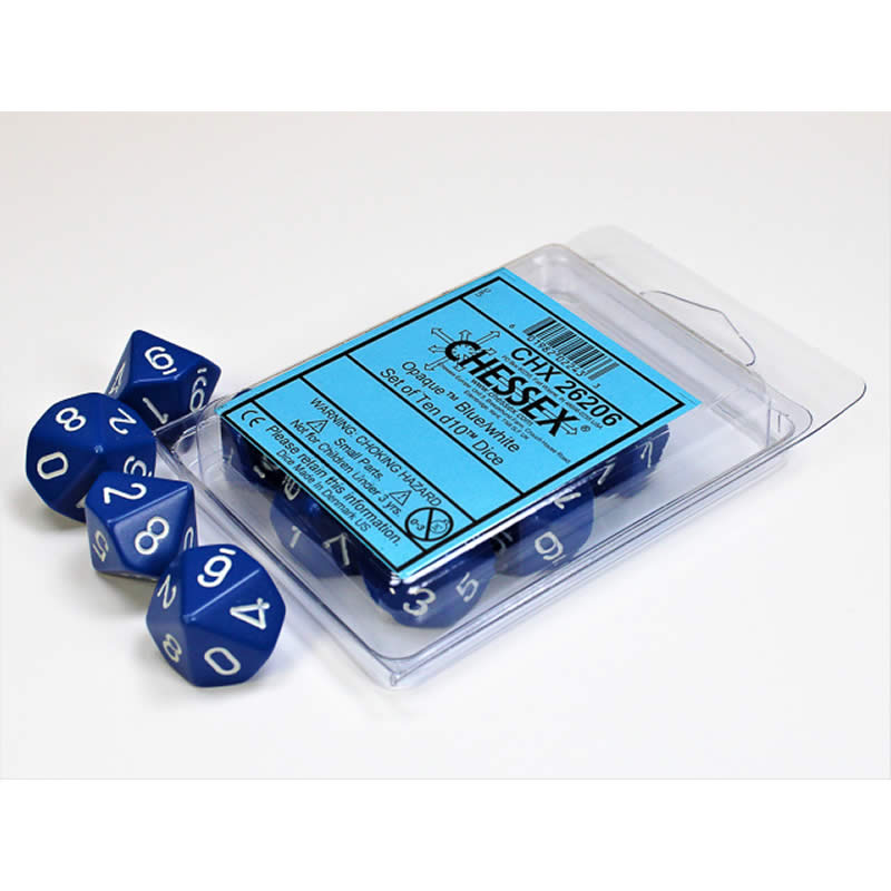 CHX26206 Blue Opaque Dice White Numbers D10 16mm (5/8in) Pack of 10 Main Image
