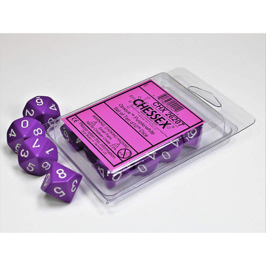 CHX26207 Purple Opaque Dice White Numbers D10 16mm (5/8in) Pack of 10 Main Image
