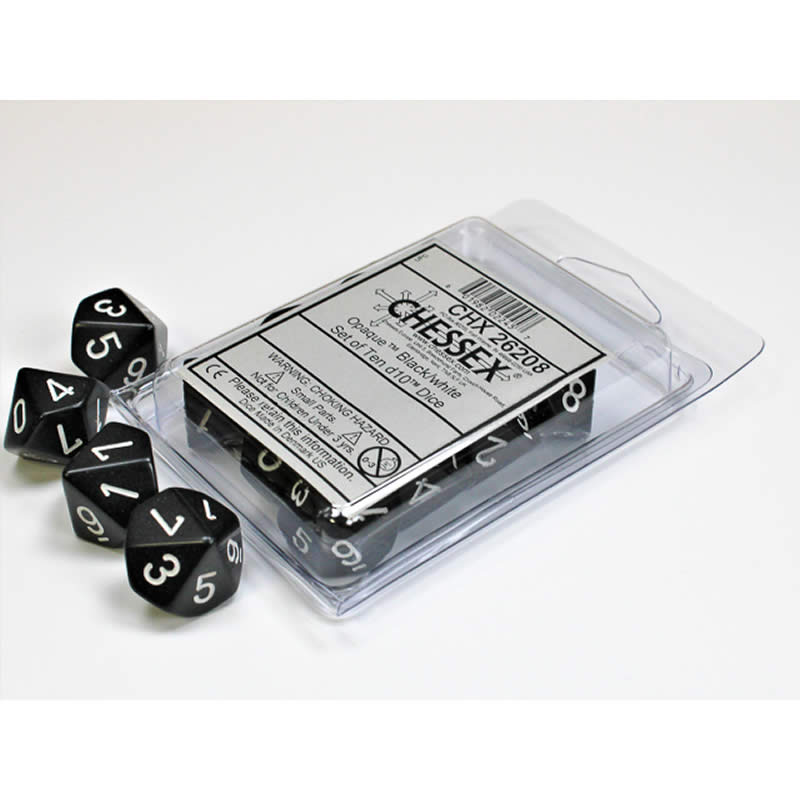 CHX26208 Black Opaque Dice  White Numbers D10 16mm (5/8in) Pack of 10 Main Image