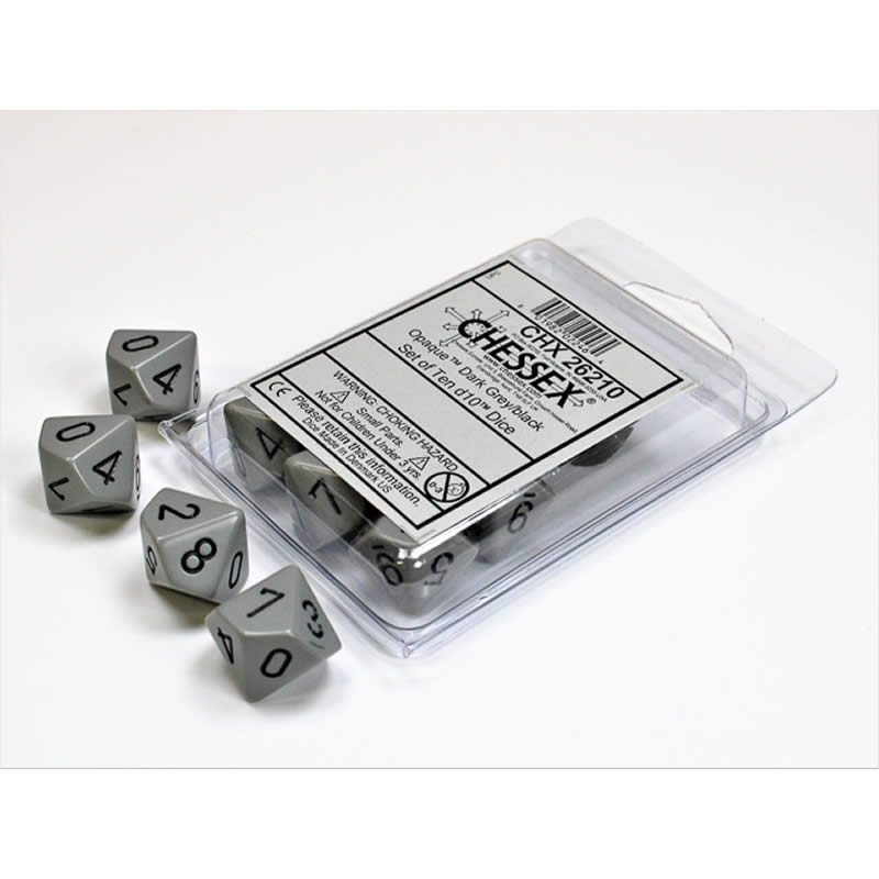 CHX26210 Dark Grey Opaque Dice Black Numbers D10 16mm Pack of 10 Main Image
