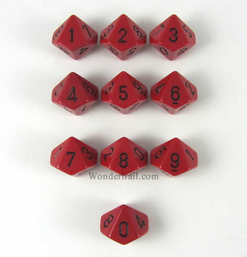 CHX26214 Red Opaque Dice Black Numbers D10 16mm (5/8in) Pack of 10 Main Image