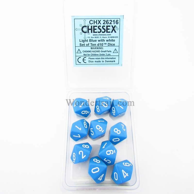 CHX26216 Light Blue Opaque Dice White Numbers D10 16mm Pack of 10 Main Image