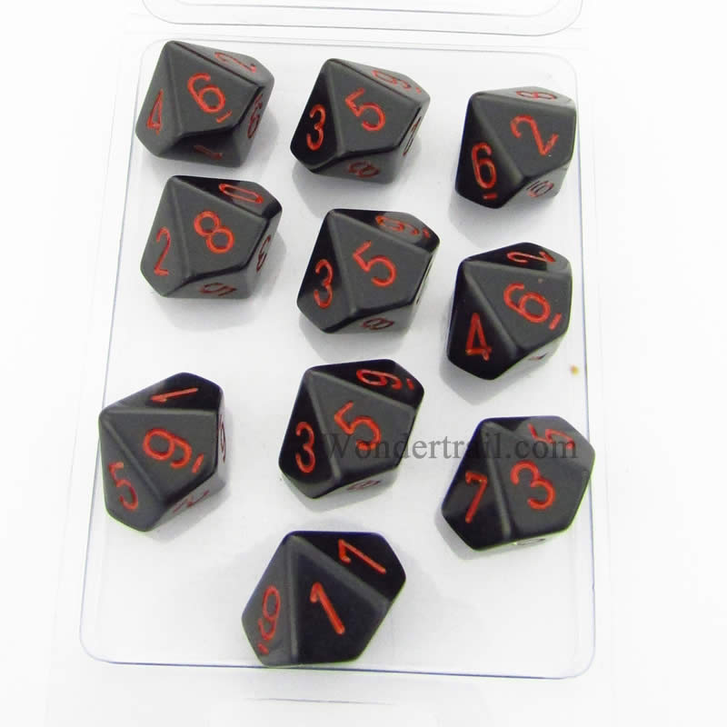 CHX26218 Black Opaque Dice Red Numbers D10 16mm (5/8in) Pack of 10 Main Image