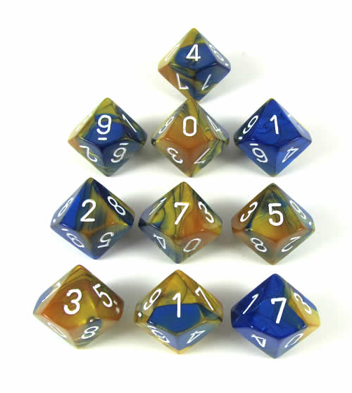 CHX26222 Blue Gold Gemini Dice White Numbers D10 16mm Pack of 10 Main Image