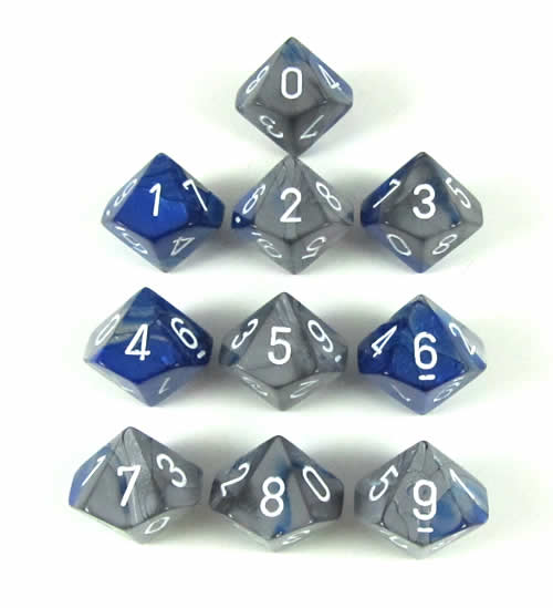 CHX26223 Blue Steel Gemini Dice White Numbers D10 16mm Pack of 10 Main Image