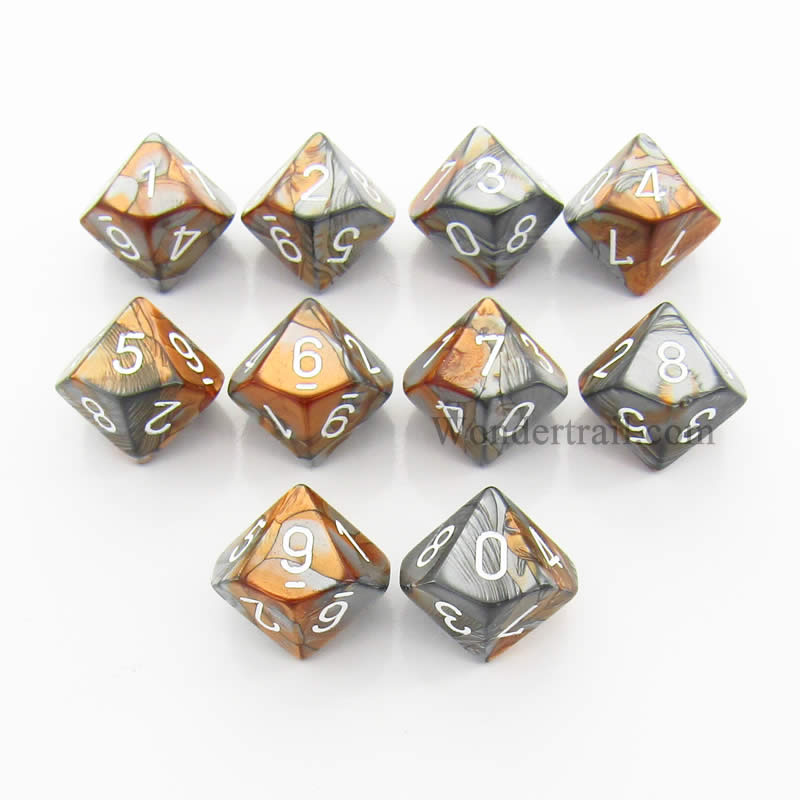 CHX26224 Copper Steel Gemini Dice White Numbers D10 16mm Pack of 10 Main Image