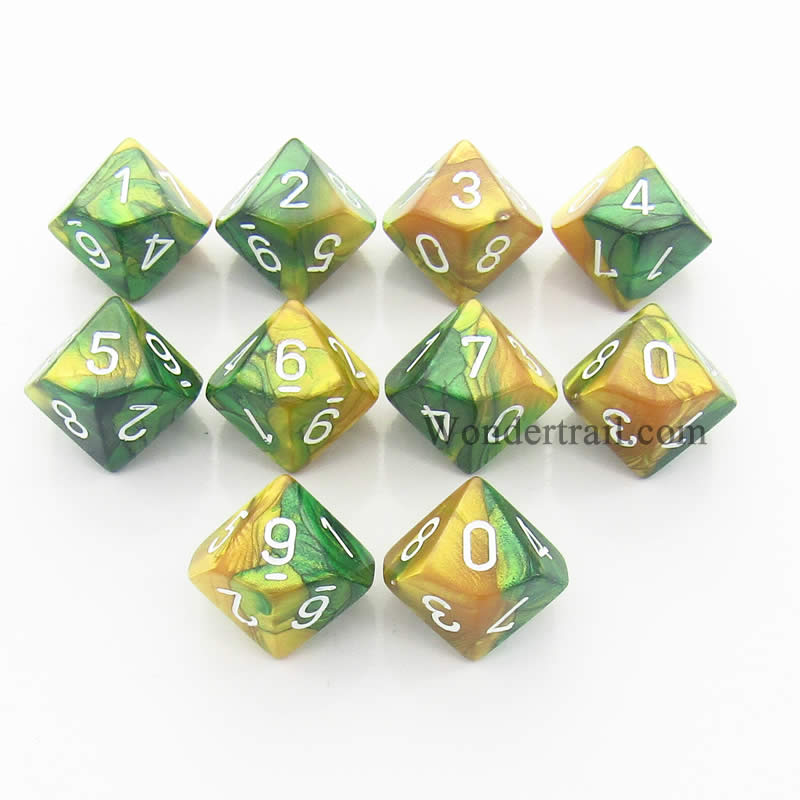 CHX26225 Gold Green Gemini Dice White Numbers D10 16mm Pack of 10 Main Image