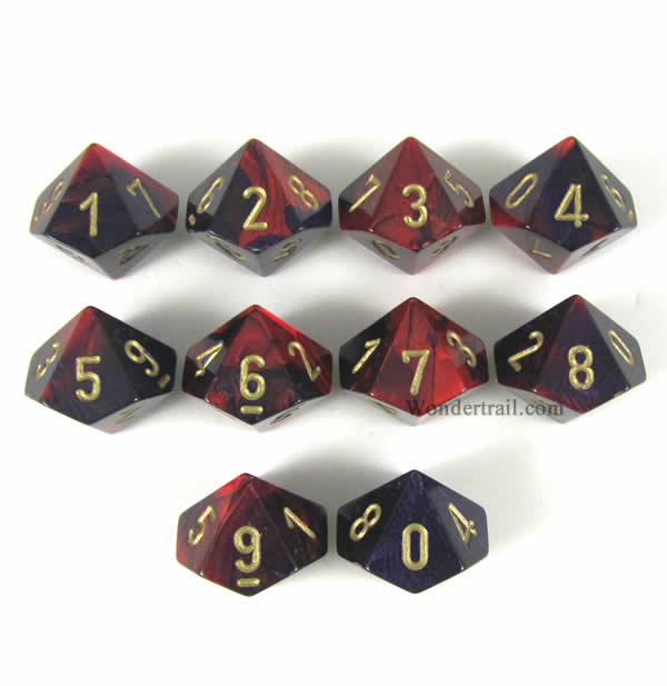 CHX26226 Purple Red Gemini Dice Gold Numbers D10 16mm Pack of 10 Main Image