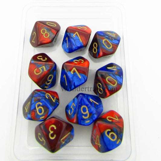 CHX26229 Blue Red Gemini Dice Gold Numbers D10 16mm Pack of 10 Main Image