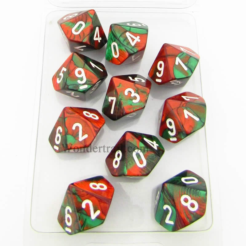 CHX26231 Green Red Gemini Dice White Numbers D10 16mm Pack of 10 Main Image