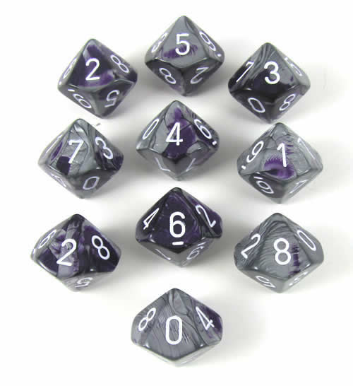 CHX26232 Purple Steel Gemini Dice White Numbers D10 16mm Pack of 10 Main Image