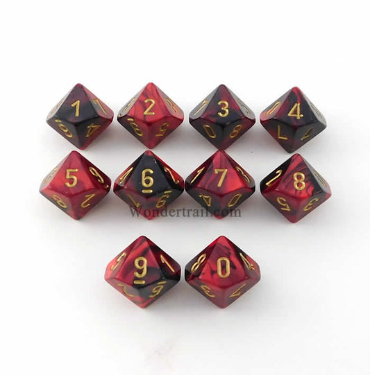 CHX26233 Black Red Gemini Dice Gold Numbers D10 16mm Pack of 10 Main Image