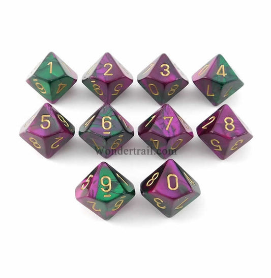 CHX26234 Green Purple Gemini Dice Gold Numbers D10 16mm Pack of 10 Main Image