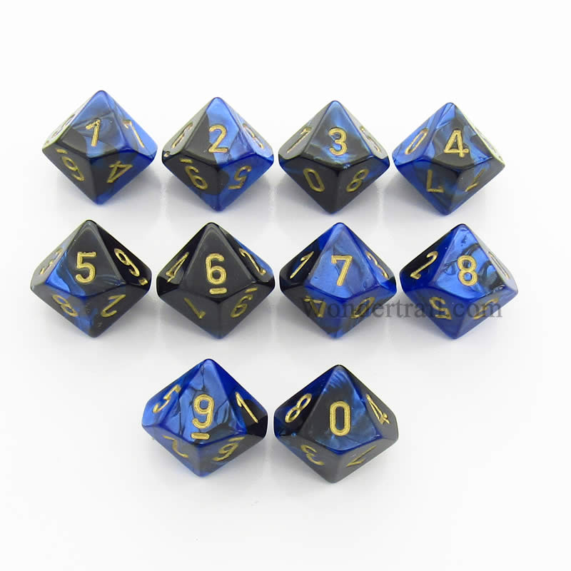 CHX26235 Black Blue Gemini Dice Gold Numbers D10 16mm Pack of 10 Main Image