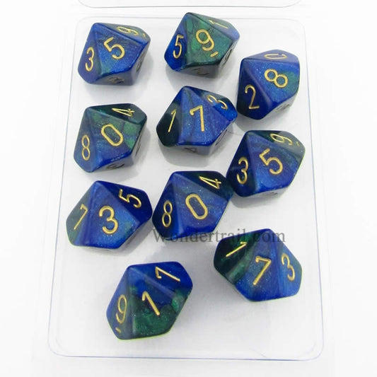 CHX26236 Blue Green Gemini Dice Gold Numbers D10 16mm Pack of 10 Main Image