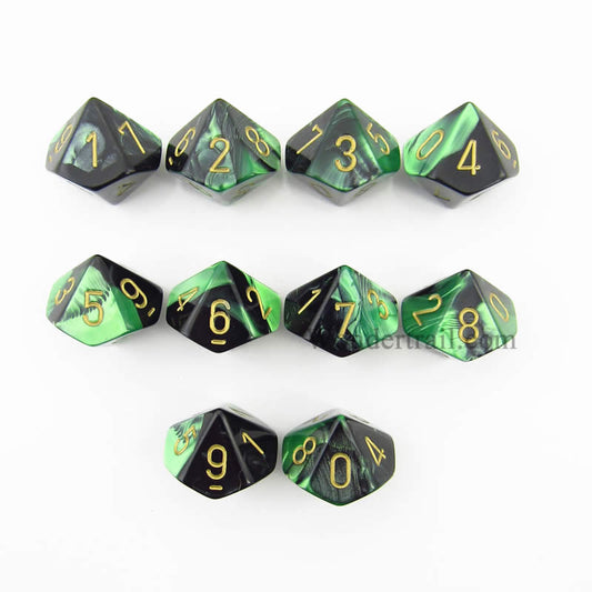 CHX26239 Black Green Gemini Dice Gold Numbers D10 16mm Pack of 10 Main Image