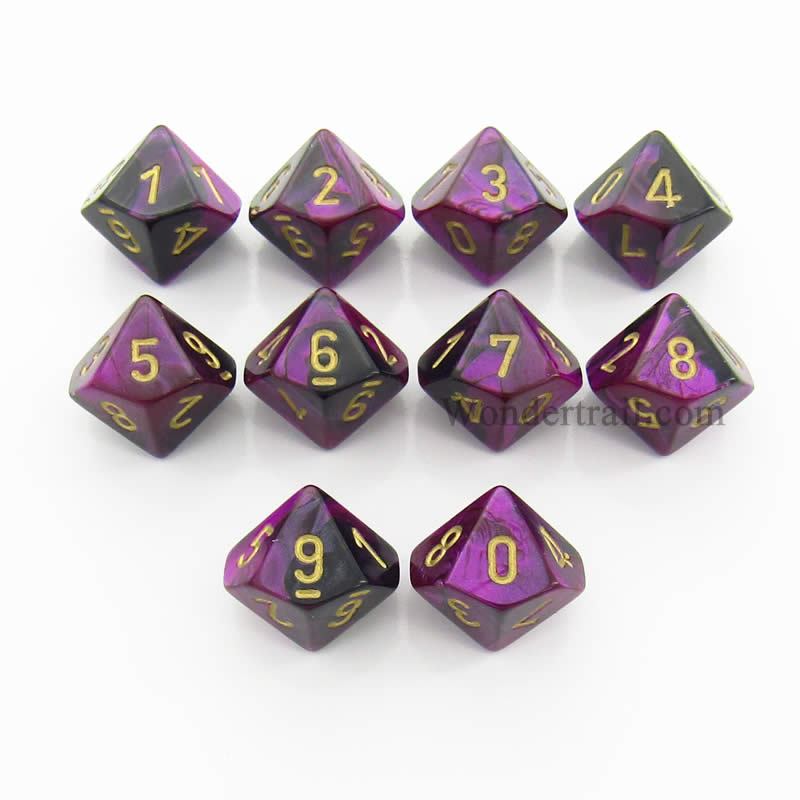 CHX26240 Black Purple Gemini Dice Gold Numbers D10 16mm Pack of 10 Main Image