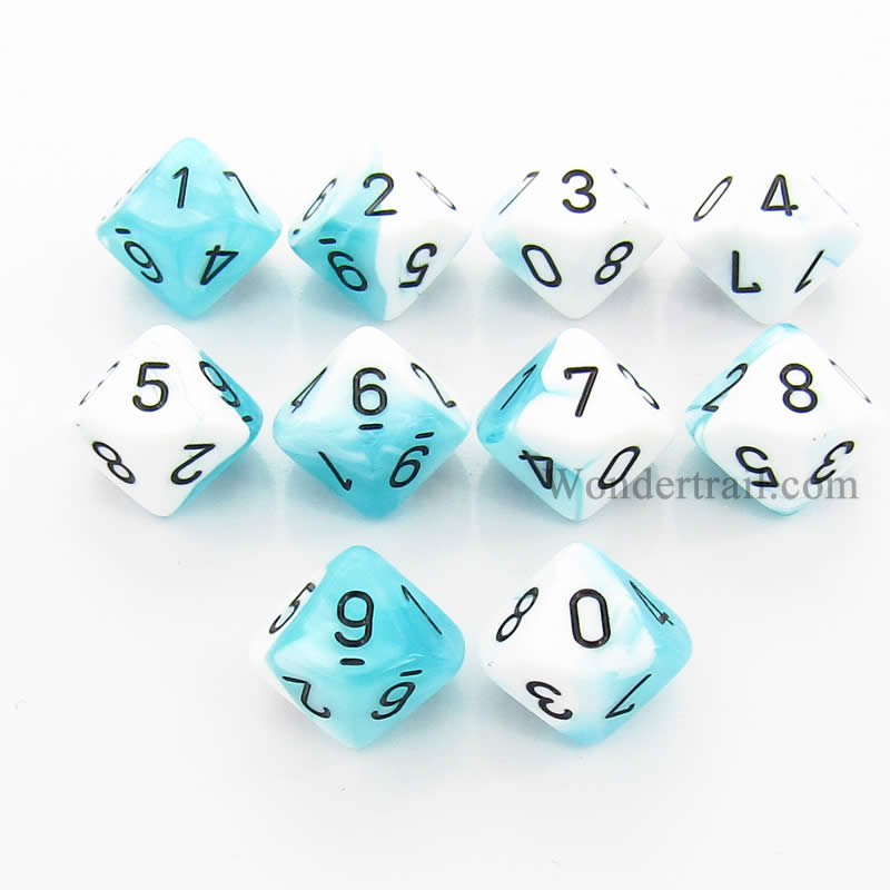 CHX26244 White Teal Gemini Dice Black Numbers D10 16mm Pack of 10 Main Image