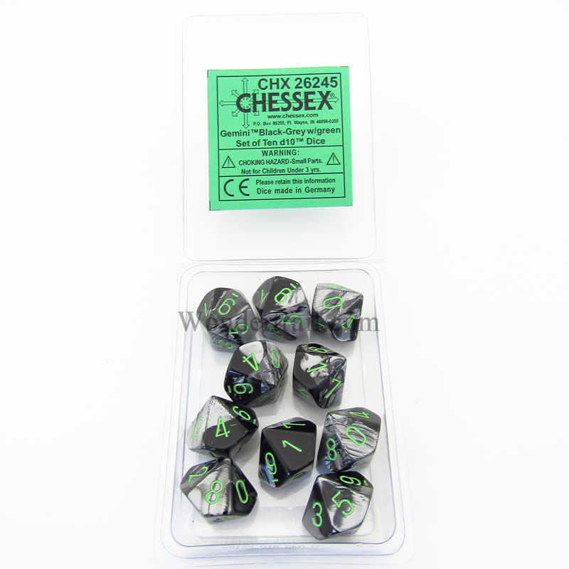 CHX26245 Black Grey Gemini Dice Green Numbers D10 16mm Pack of 10 Main Image