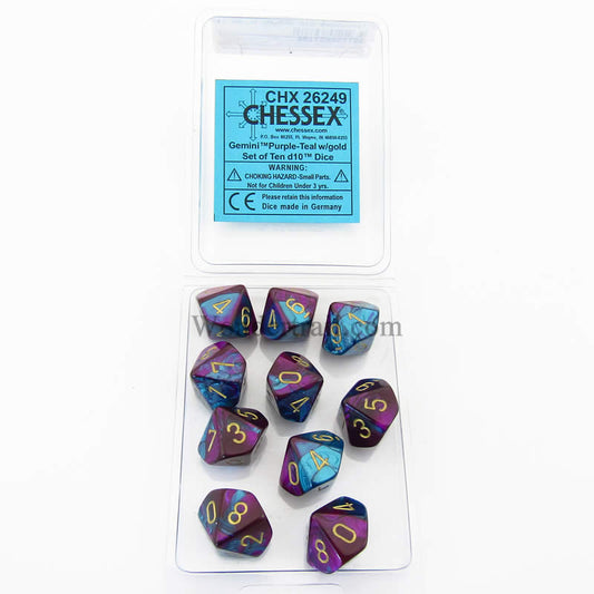 CHX26249 Purple Teal Gemini Dice Gold Numbers D10 16mm Pack of 10 Main Image