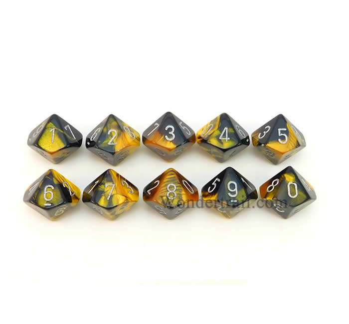 CHX26251 Black Gold Gemini Dice Silver Numbers D10 16mm Pack of 10 Main Image