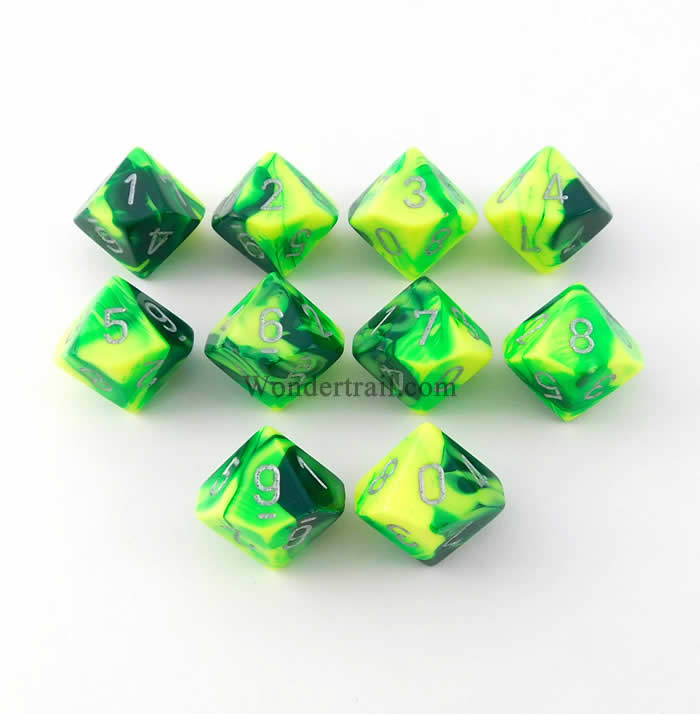 CHX26254 Green Yellow Gemini Dice Silver Numbers D10 16mm Pack of 10 Main Image