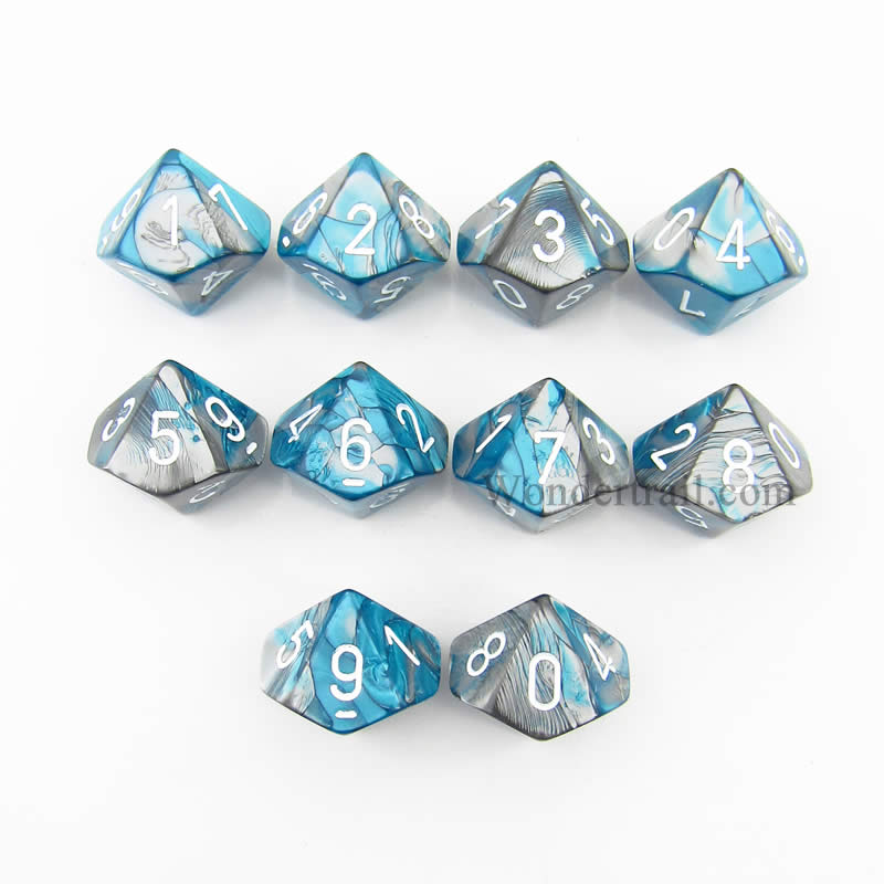 CHX26256 Steel Teal Gemini Dice White Numbers D10 16mm Pack of 10 Main Image