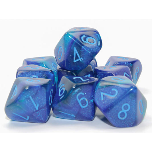 CHX26263 Blue and Blue Gemini Luminary Dice Light Blue Numbers D10 16mm (5/8in) Pack of 10 Dice