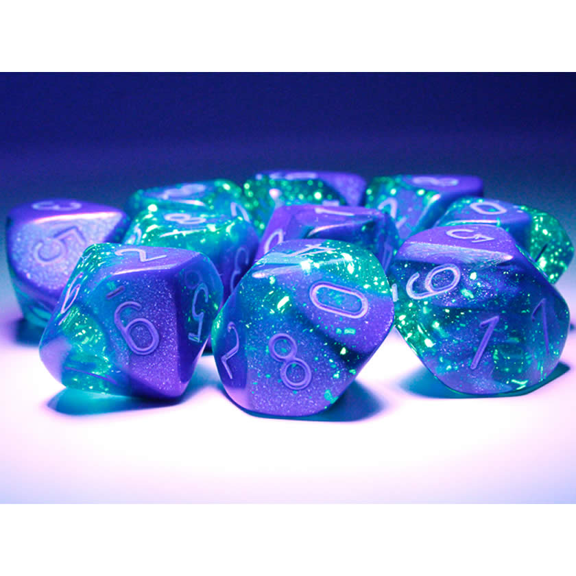 CHX26263 Blue and Blue Gemini Luminary Dice Light Blue Numbers D10 16mm (5/8in) Pack of 10 Dice