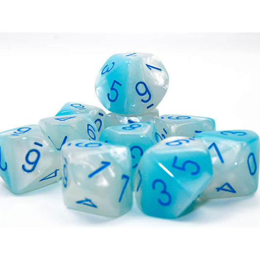 CHX26265 Pearl Turquoise and White Gemini Luminary Dice Blue Numbers D10 16mm (5/8in) Pack of 10 Dice