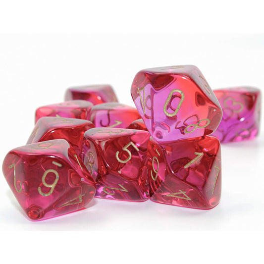 CHX26267 Translucent Red and Violet Gemini Dice Gold Numbers D10 16mm (5/8in) Pack of 10 Dice