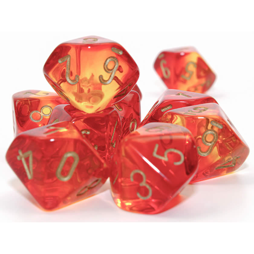 CHX26268 Translucent Red and Yellow Gemini Dice Gold Numbers D10 16mm (5/8in) Pack of 10 Dice