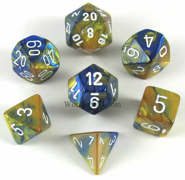CHX26422 Blue and Gold Gemini Dice White Numbers 16mm (5/8in) Set of 7 Main Image