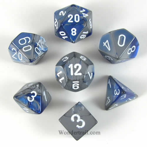 CHX26423 Blue and Steel Gemini Dice White Numbers 16mm (5/8in) Set of 7 Main Image