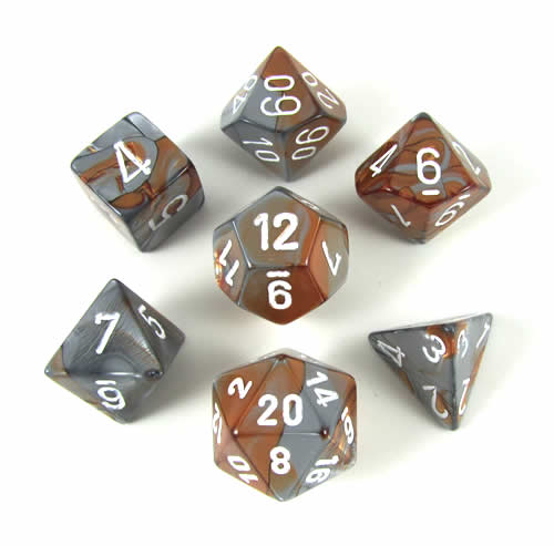 CHX26424 Copper Steel Gemini Dice White Numbers 16mm (5/8in) Set of 7 Main Image