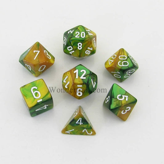 CHX26425 Gold Green Gemini Dice White Numbers 16mm (5/8in) Set of 7 Main Image