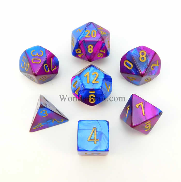 CHX26428 Blue and Purple Gemini Dice Gold Numbers 16mm (5/8in) Set of 7 Main Image