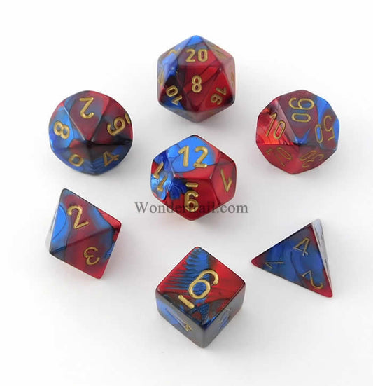 CHX26429 Blue and Red Gemini Dice Gold Numbers 16mm (5/8in) Set of 7 Main Image