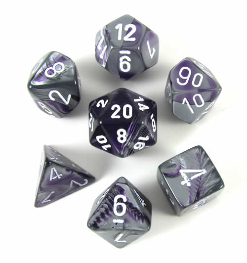 CHX26432 Purple and Steel Gemini Dice White Numbers 7 Dice Set 16mm Main Image