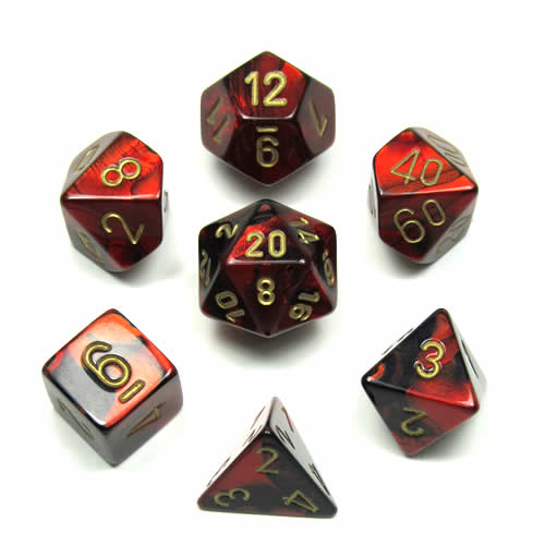 CHX26433 Black and Red Gemini Dice Gold Numbers 7 Dice Set 16mm Main Image