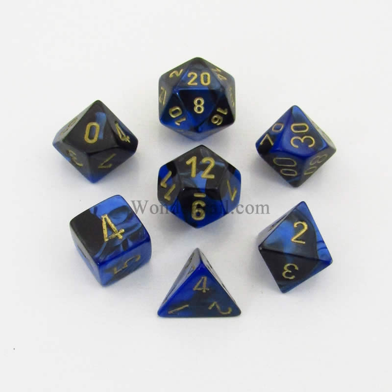 CHX26435 Black and Blue Gemini Dice Gold Numbers 7 Dice Set 16mm Main Image